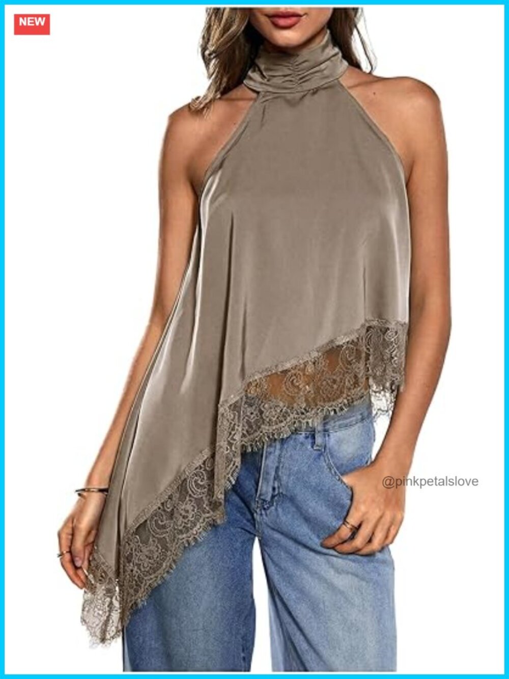 Women's Halter Neck Sleeveless Lace Asymmetrical Hem Tank Top